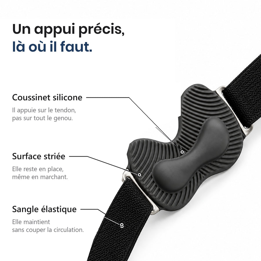 Le coussinet silicone appuie sur le tendon sous la rotule